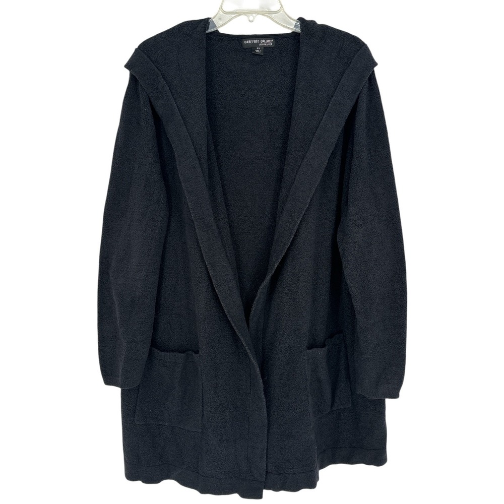 Barefoot Dreams CozyChic Hooded Cardigan Black Open Front Womens Size 2X